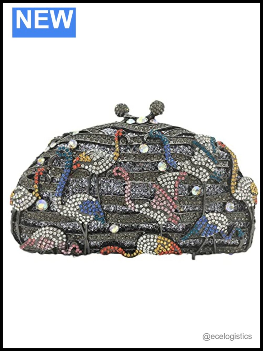 Rhinestone Crystal Flamingo Evening Clutch, Faux Leather
